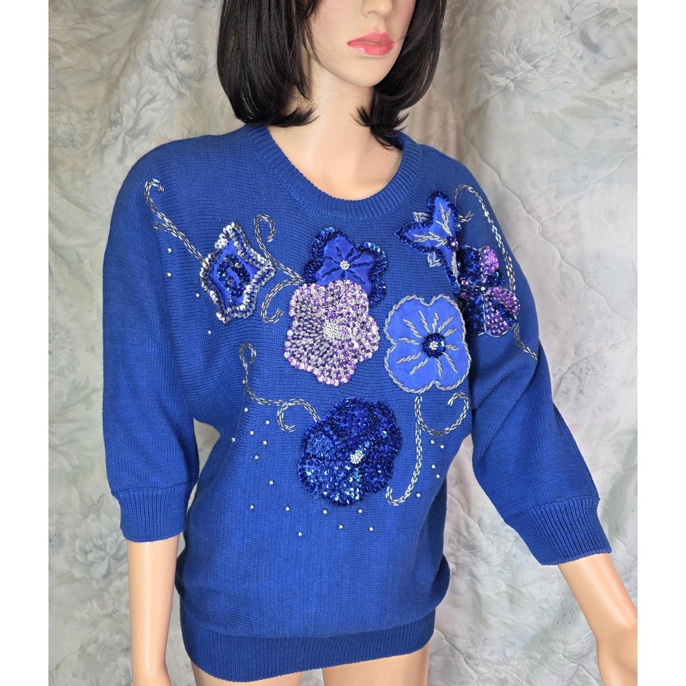 Vtg Eminent Sweater Womens‎ Medium Sequin Beaded Floral 80s Golden Girls Blue